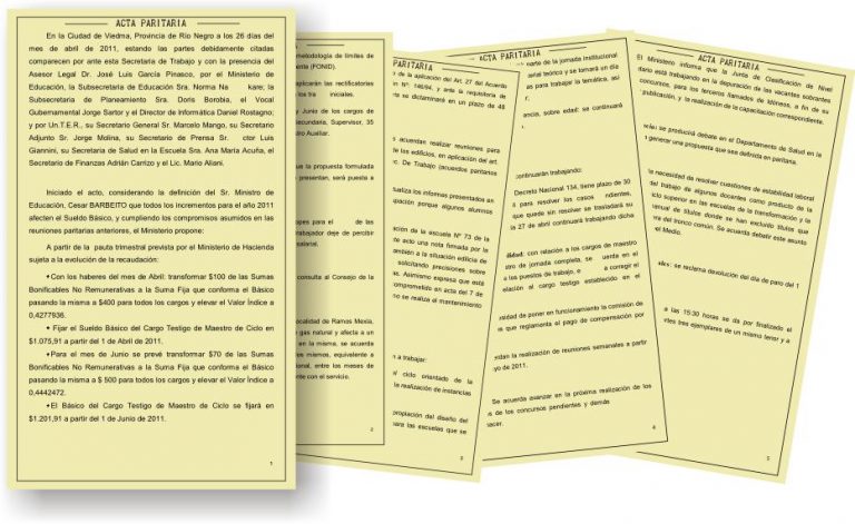 Lee más sobre el artículo Paritaria Docente del 26 de abril de 2011 – Desde Abril “Ningún docente rionergino cobrará menos de $2555.-“