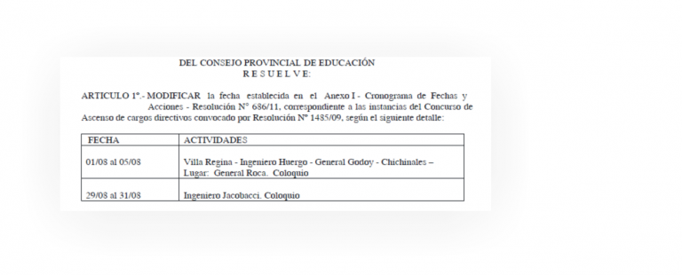 Lee más sobre el artículo RESOLUCION Nº 1426 – MODIFICA cronograma fechas Concurso Ascenso CARGOS DIRECTIVOS