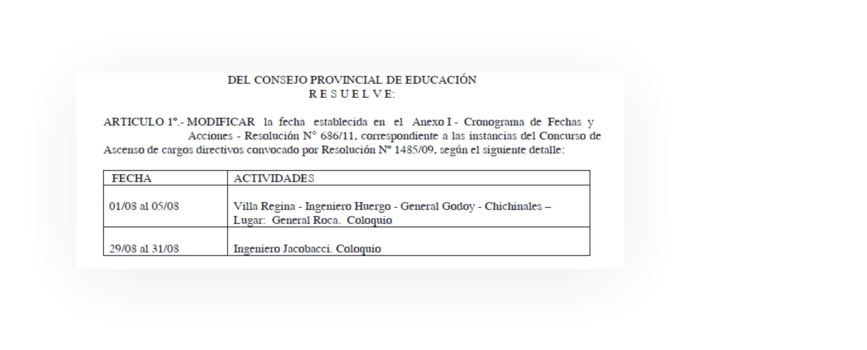 En este momento estás viendo RESOLUCION Nº 1426 – MODIFICA cronograma fechas Concurso Ascenso CARGOS DIRECTIVOS