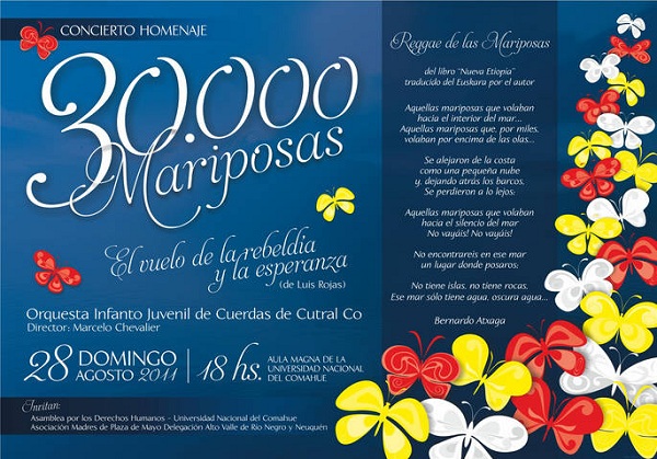 Lee más sobre el artículo Concierto homenaje, 30.000 mariposas, 30.000 detenidos/as y desaparecidos/as