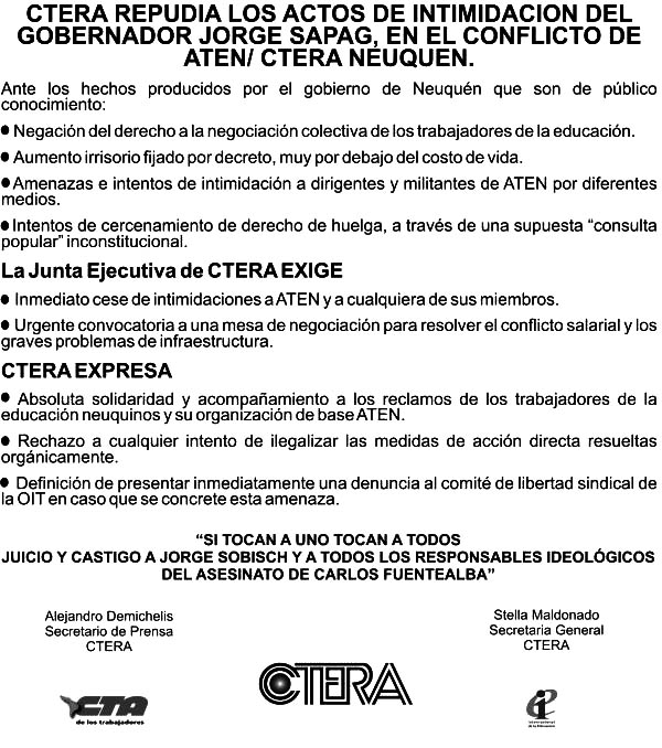 Lee más sobre el artículo Solicitada: CTERA repudia los actos de intimidación del gobernador Jorge Sapag