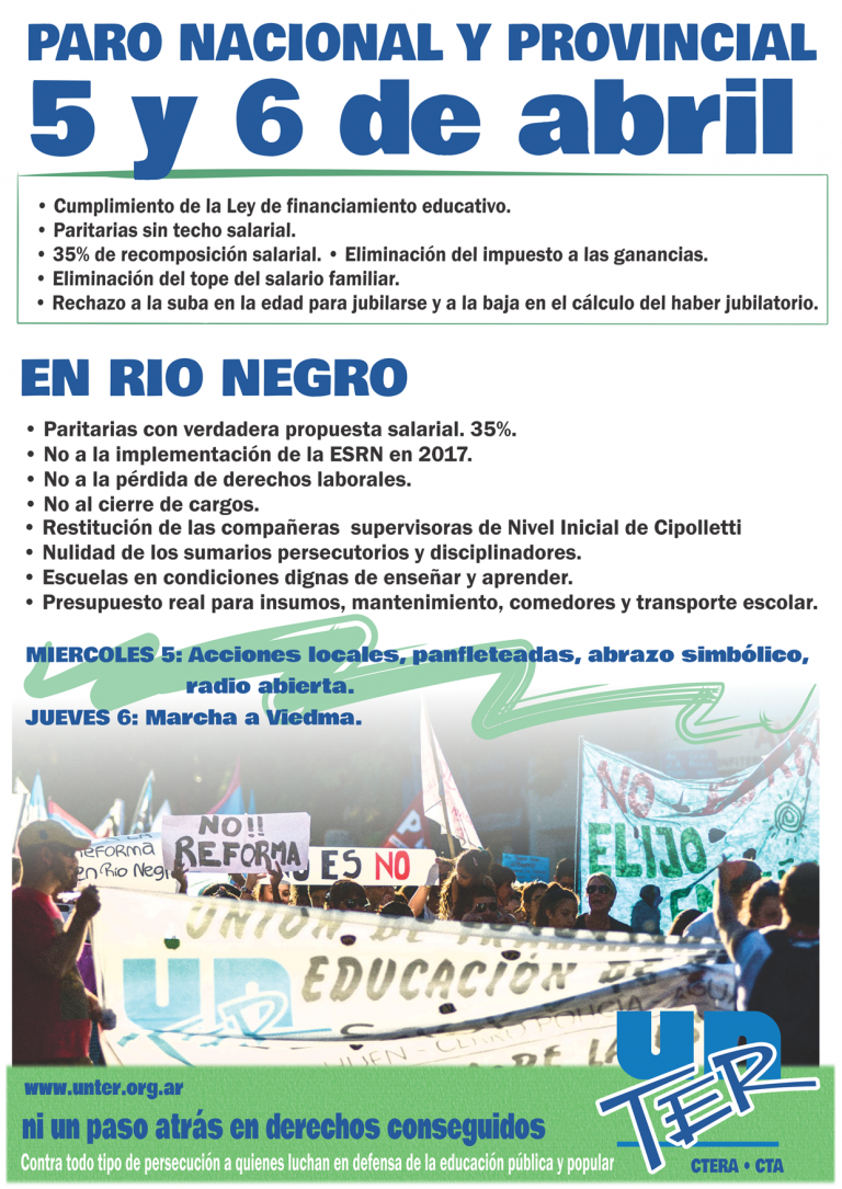 Lee más sobre el artículo 5 y 6 de abril paro nacional y provincial. Jueves, marcha a Viedma