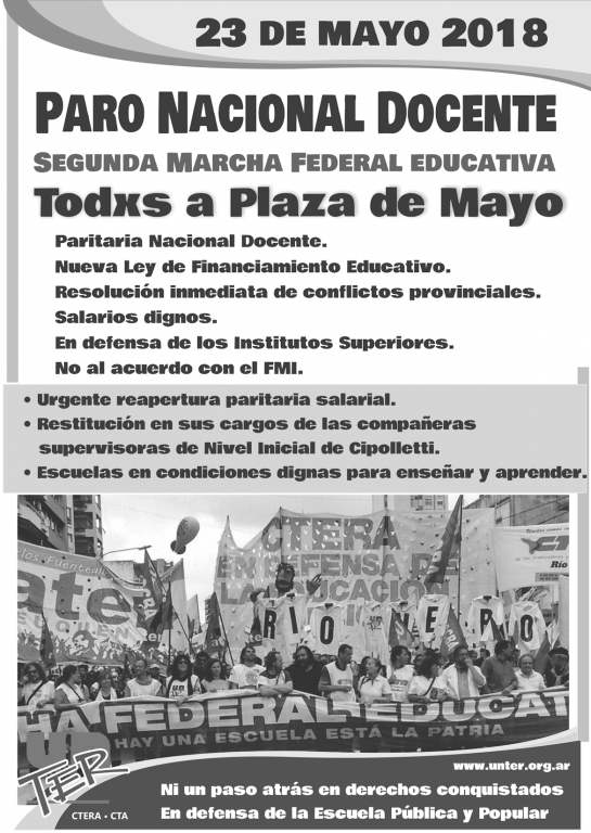 Lee más sobre el artículo 23 de mayo: Paro Nacional Docente – Marcha Federal Educativa