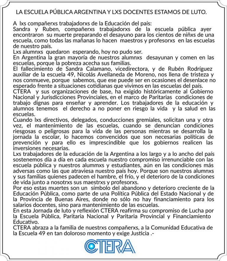 Lee más sobre el artículo Jornada Nacional de Duelo y Exigencia de Justicia en las escuelas de Argentina