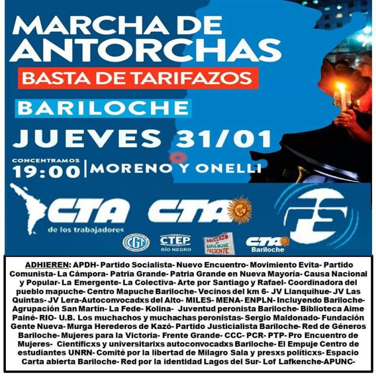 Lee más sobre el artículo Marcha de Antorchas contra los tarifazos! Bariloche 31/1/19