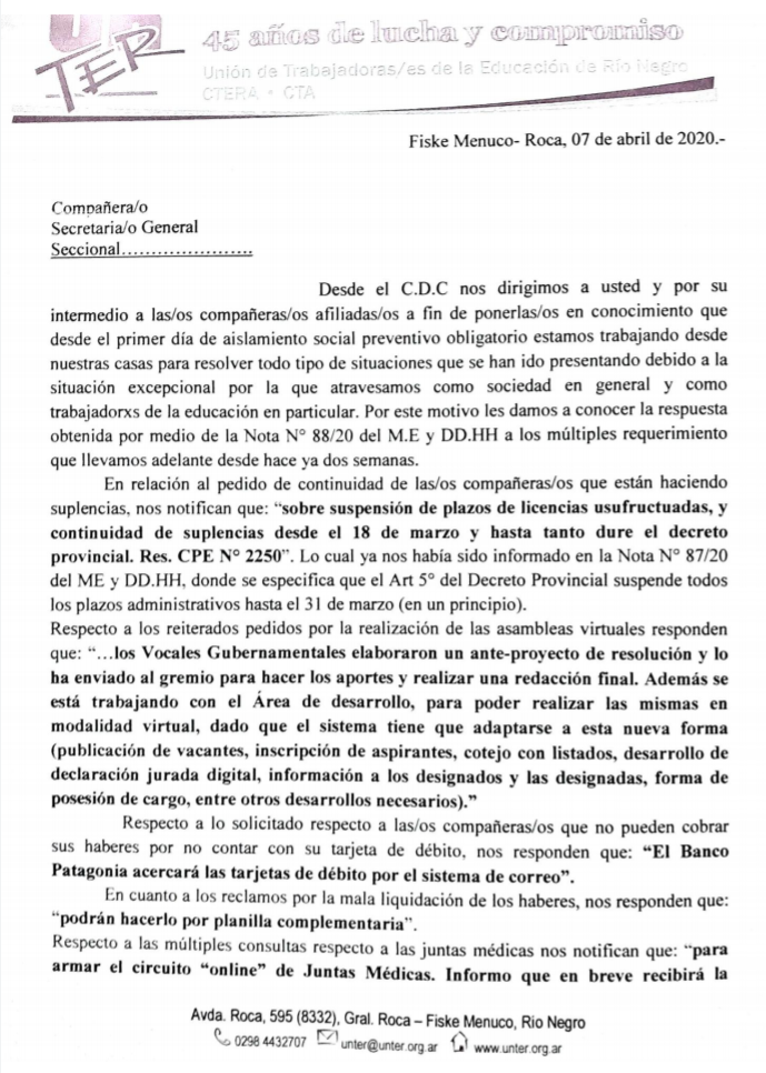 Lee más sobre el artículo Desde nuestras casas seguimos trabajando por todxs lxs trabajadorxs de la educación