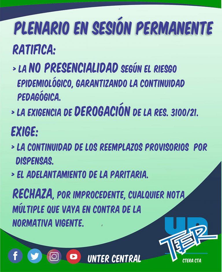 Lee más sobre el artículo El Plenario de Secretarixs Generales de UnTER ratificó la No presencialidad