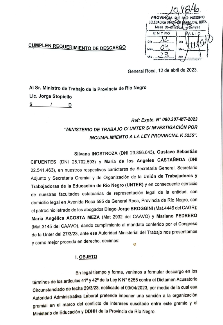 Lee más sobre el artículo UnTER presentó el descargo al sumario y solicitó que el ministro Stopiello se aparte por su parcialidad en el conflicto