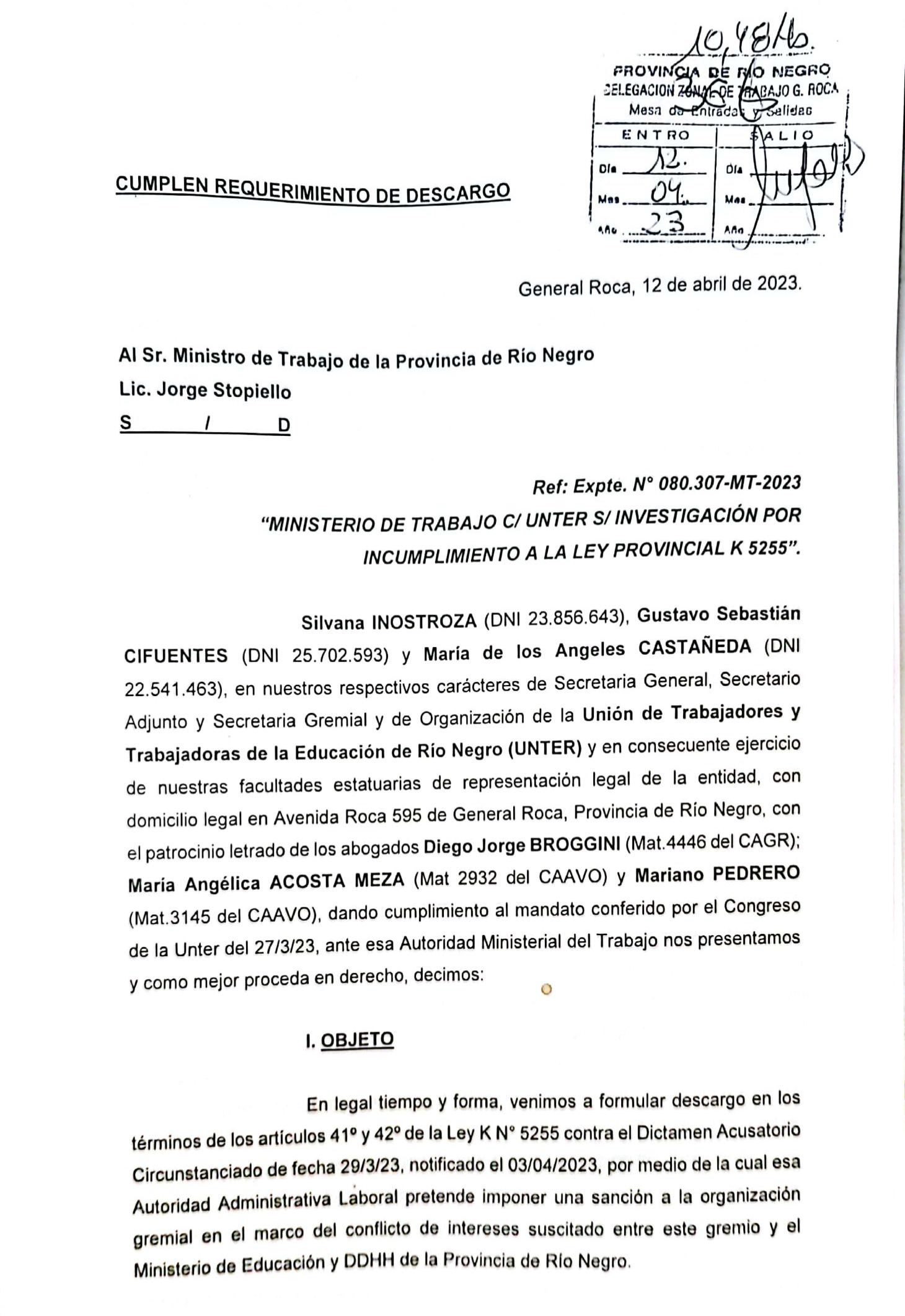 En este momento estás viendo UnTER presentó el descargo al sumario y solicitó que el ministro Stopiello se aparte por su parcialidad en el conflicto