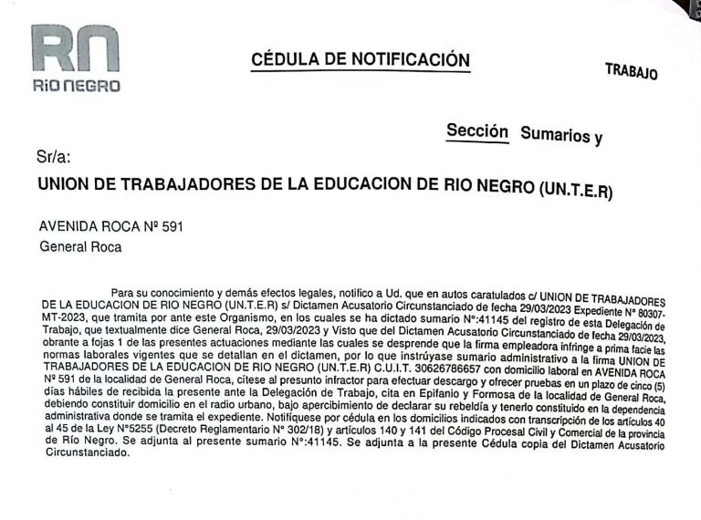 Lee más sobre el artículo Notificaron inicio de sumario a UnTER