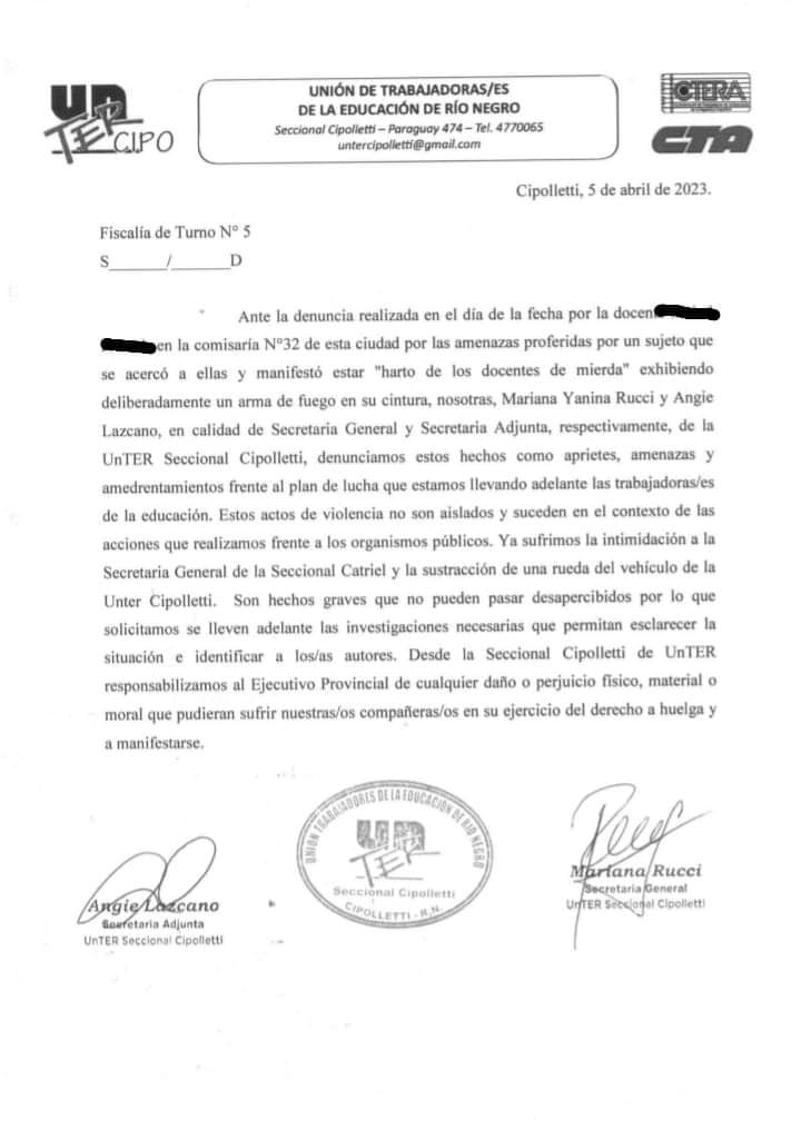 Lee más sobre el artículo Repudiamos las amenazas y agresiones contra compañeras de Cipolletti