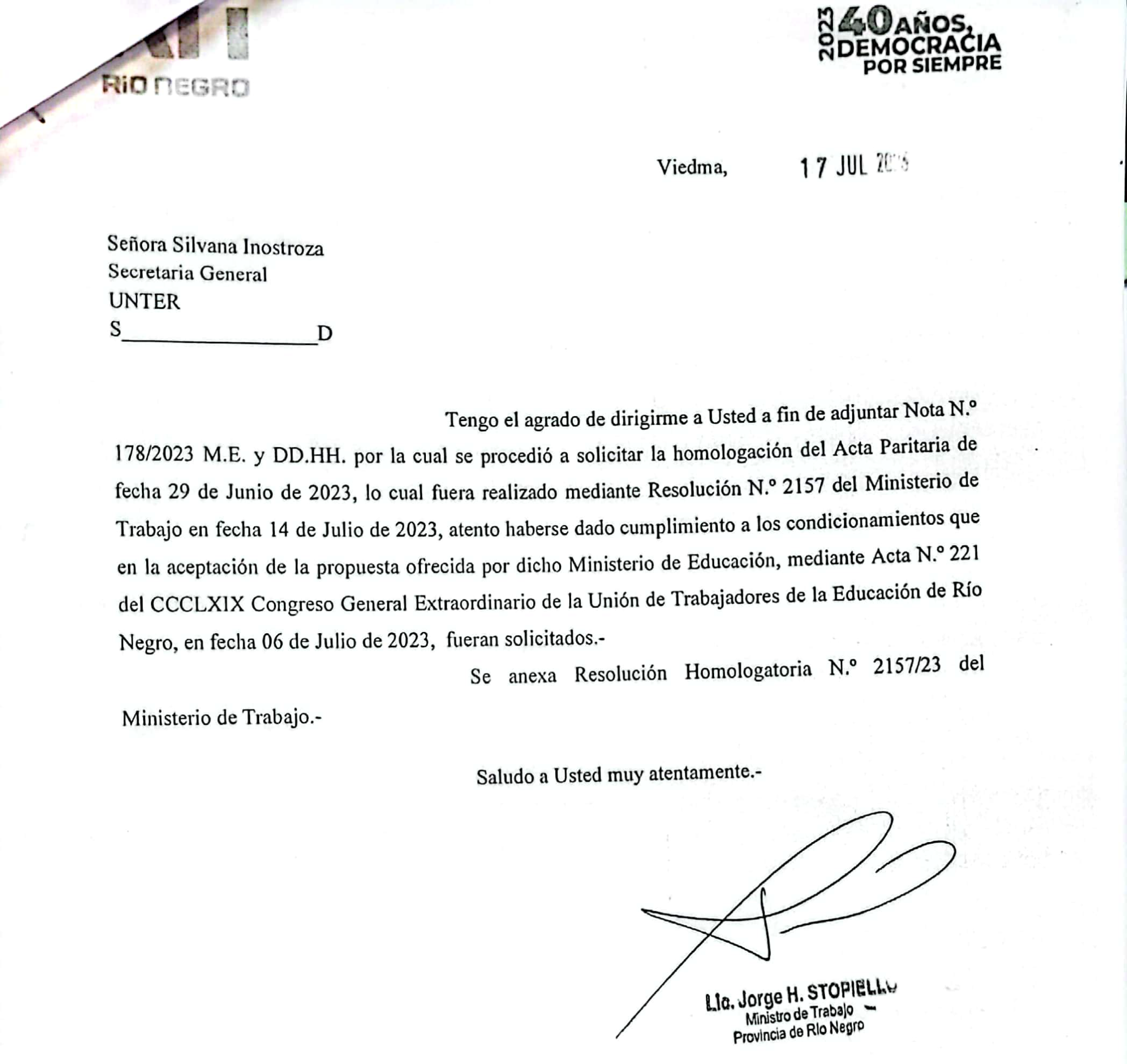 Lee más sobre el artículo El gobierno homologó el acta paritaria del 29 de junio e incorporó los condicionamientos resueltos por el Congreso de UnTER en Viedma