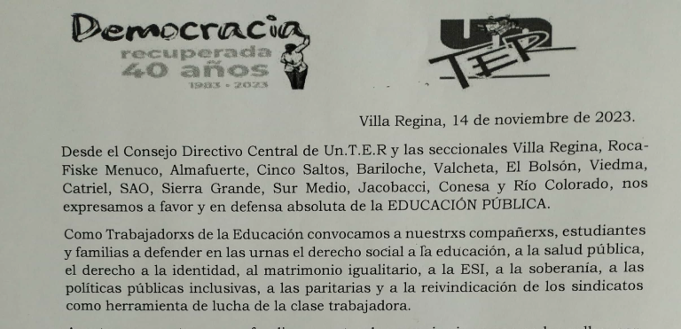 Lee más sobre el artículo UnTER apuesta a sostener y profundizar la democracia, en defensa de la Educación Pública