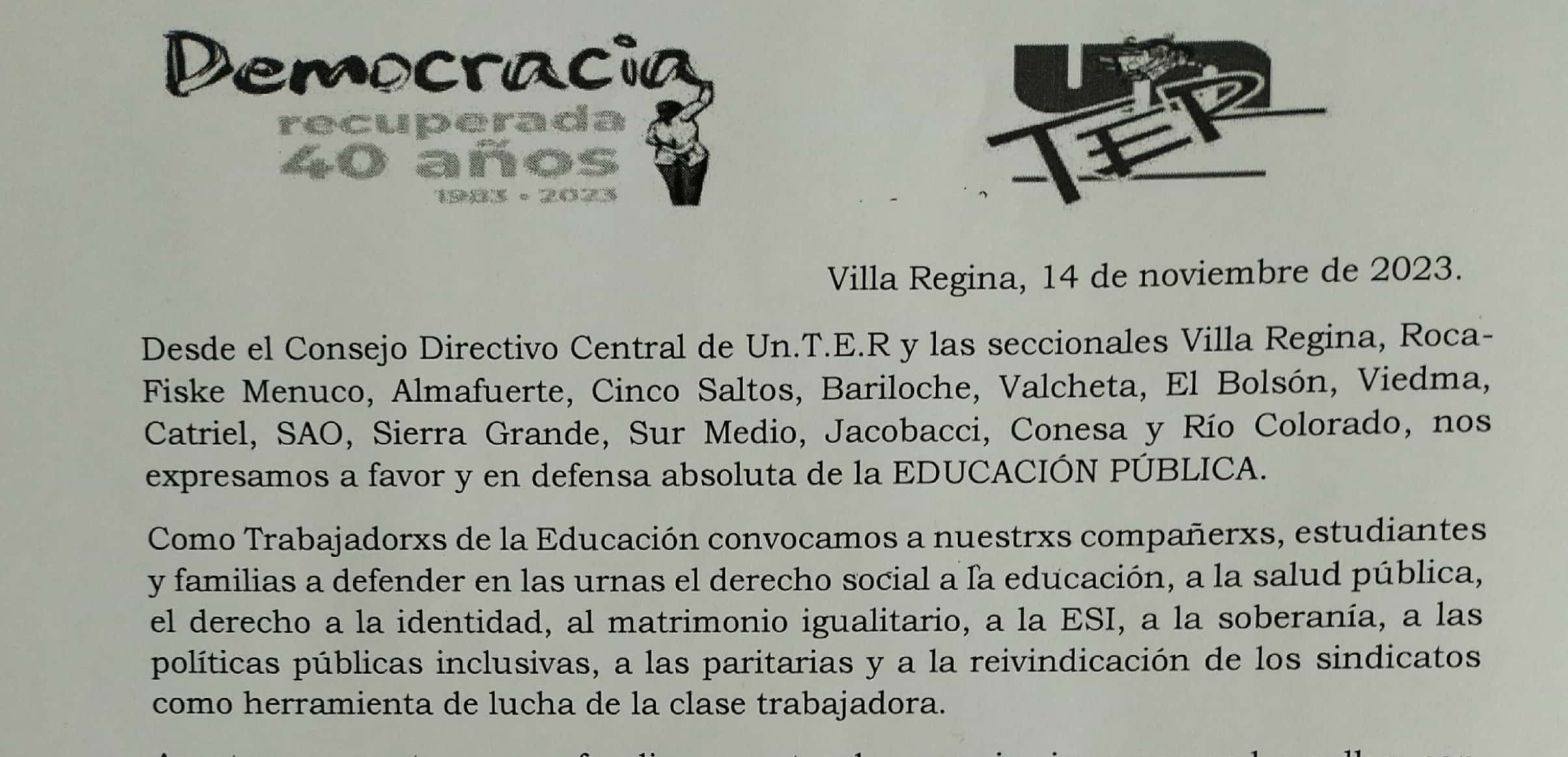 En este momento estás viendo UnTER apuesta a sostener y profundizar la democracia, en defensa de la Educación Pública