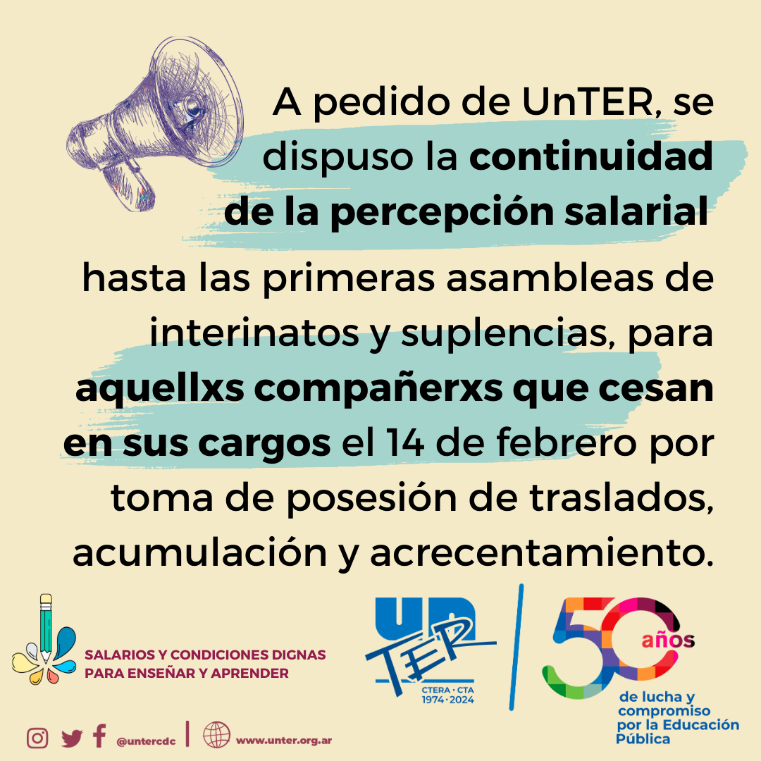 Lee más sobre el artículo UnTER logró que el Ministerio de Educación otorgue la continuidad salarial de trabajadorxs desplazadxs de sus cargos este 14 de febrero