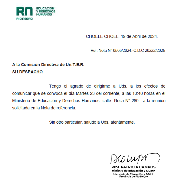 Lee más sobre el artículo Convocatoria a reunión con la ministra Campos para el martes 23 de abril