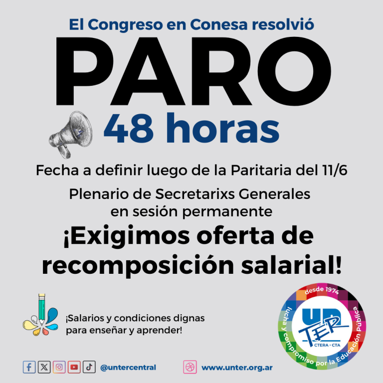 Lee más sobre el artículo El Congreso de UnTER en Conesa resolvió 48 horas de paro si el gobierno no hace una propuesta salarial en la próxima paritaria