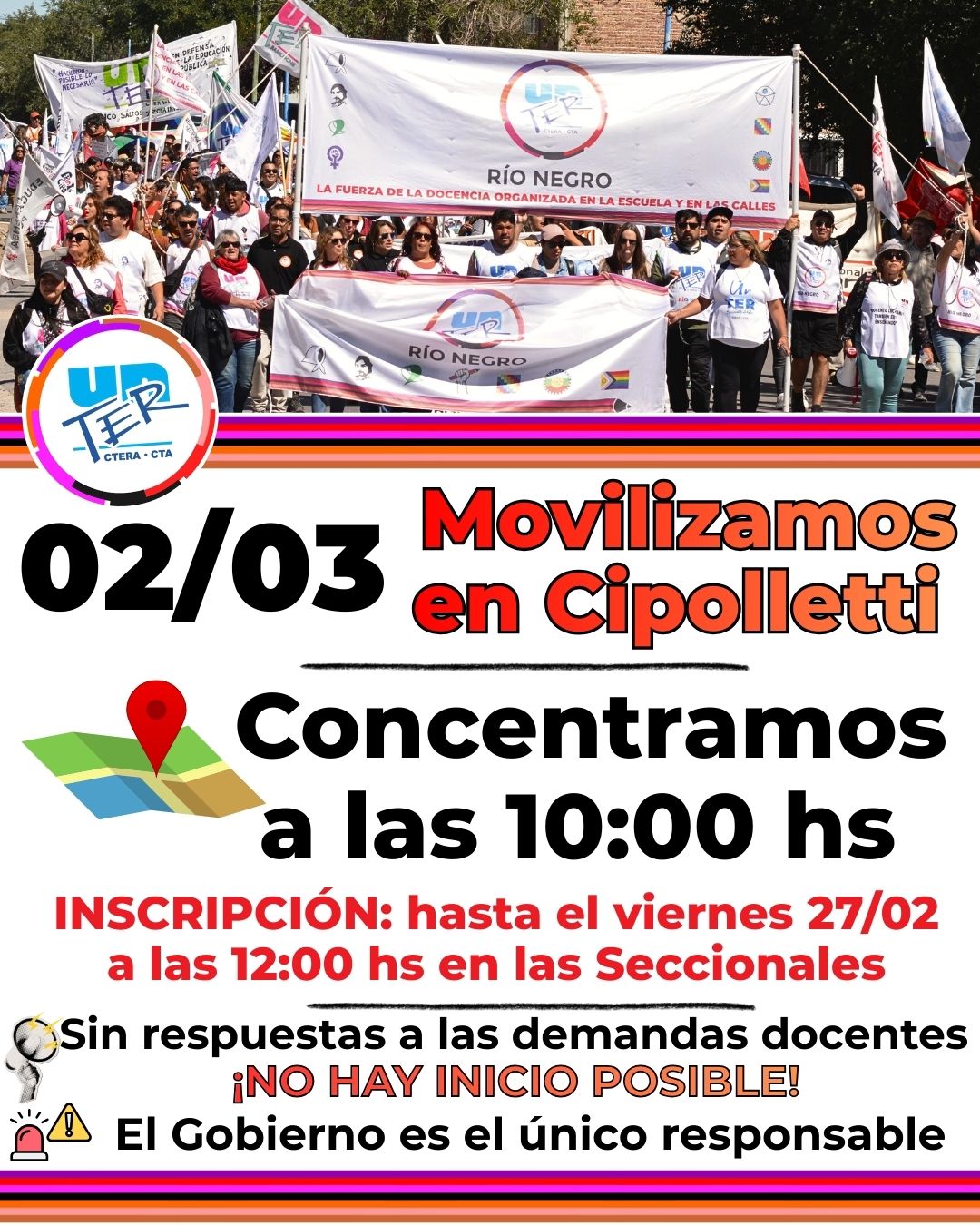 Lee más sobre el artículo El lunes 02/03 Paramos en toda la Provincia y Movilizamos en Cipolletti
