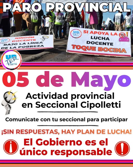 En este momento estás viendo Paro provincial, 5 y 6 de mayo